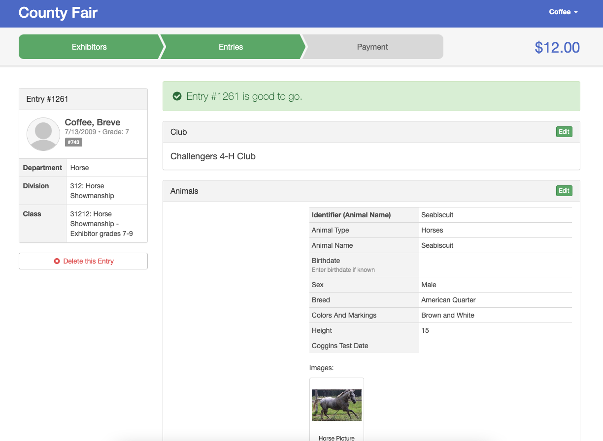 FairEntry online exhibitor registration screens showing step-by-step entry flow